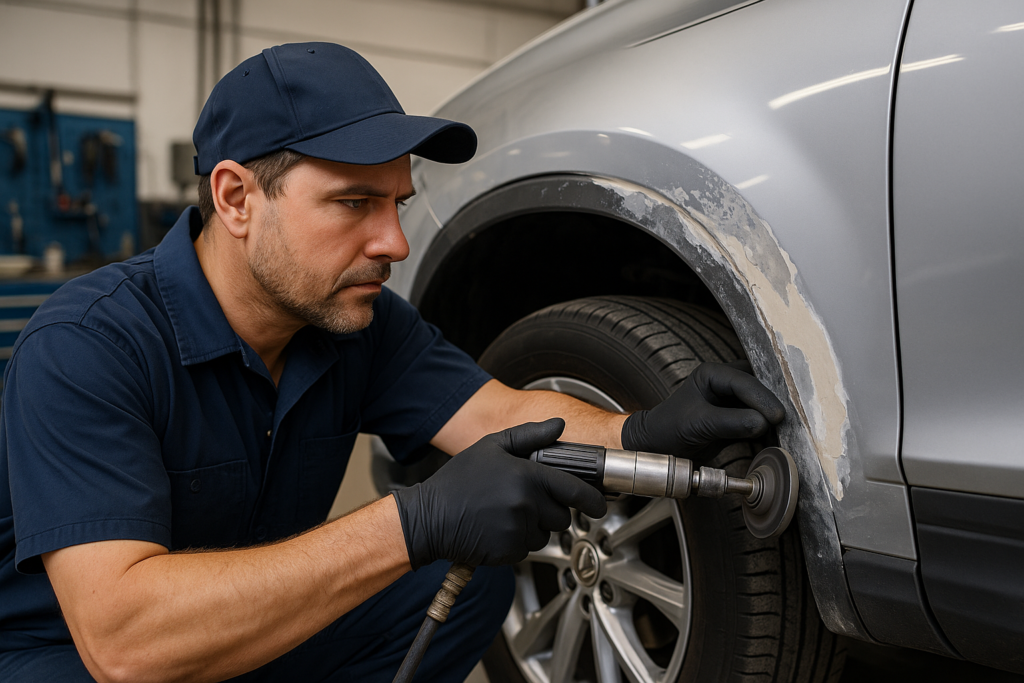 Técnico automotivo com uniforme azul e luvas pretas utiliza ferramenta pneumática para nivelar a lataria desgastada de um carro prata em oficina iluminada.