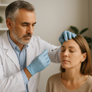 Médico mais velho com jaleco branco aplica uma injeção de Botox na testa de uma paciente de meia-idade, que está sentada com os olhos fechados e expressão serena. O médico usa luvas azuis e segura a seringa com precisão, enquanto apoia a testa da paciente com a outra mão. O ambiente do consultório é iluminado e possui uma decoração minimalista e acolhedora.