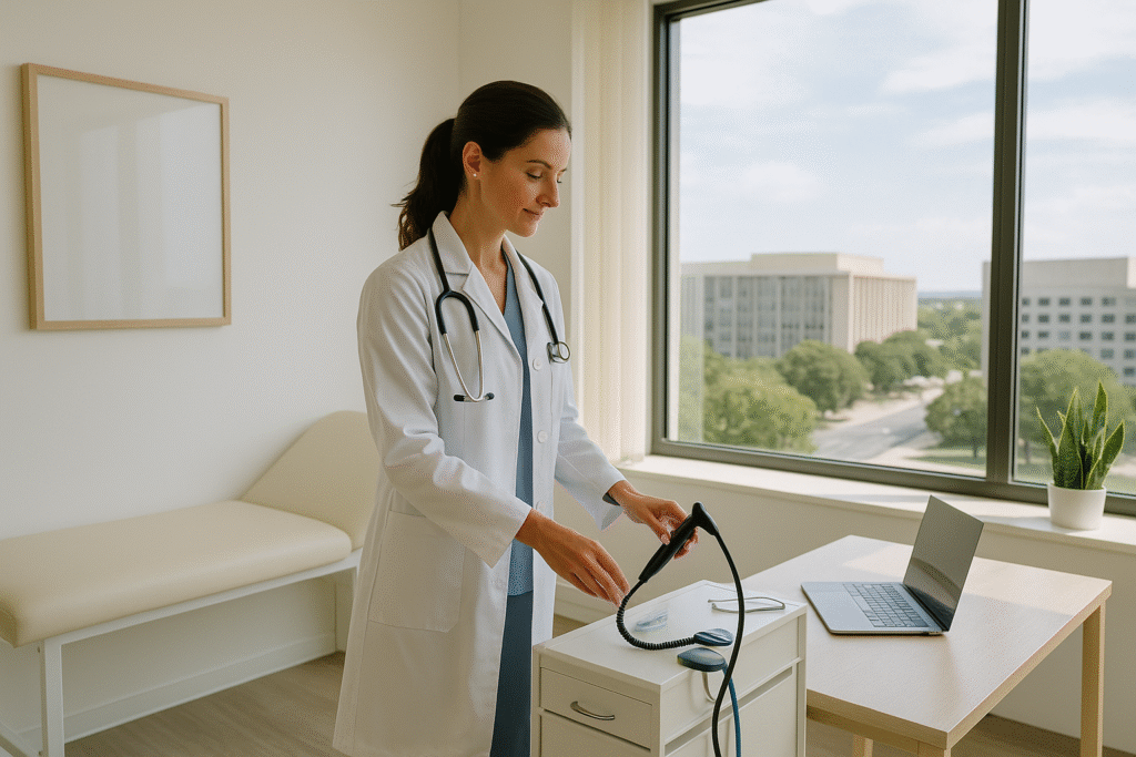 Médica examinando equipamentos em uma sala de consultório moderna antes de iniciar o atendimento, com decoração clean, iluminação natural e vista ampla para prédios institucionais de Brasília.