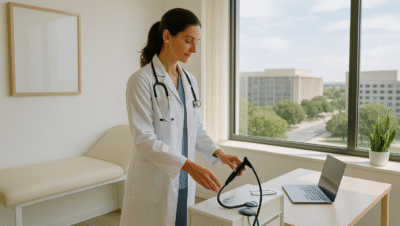 Médica examinando equipamentos em uma sala de consultório moderna antes de iniciar o atendimento, com decoração clean, iluminação natural e vista ampla para prédios institucionais de Brasília.