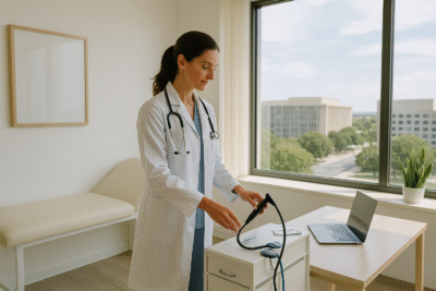 Médica examinando equipamentos em uma sala de consultório moderna antes de iniciar o atendimento, com decoração clean, iluminação natural e vista ampla para prédios institucionais de Brasília.