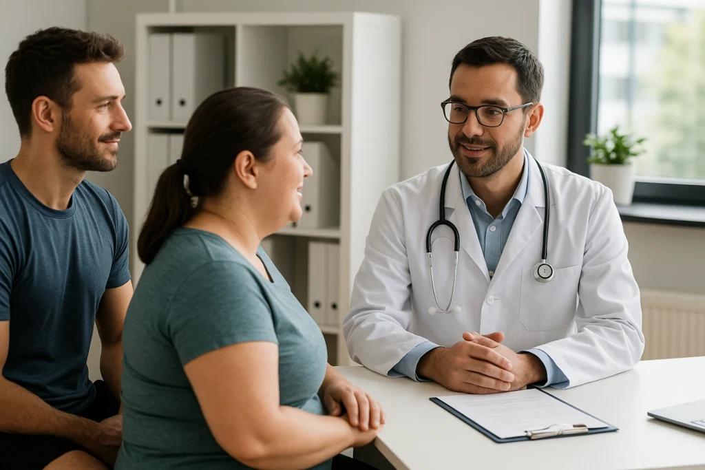 Médico em Brasília conversando com paciente sobre emagrecimento saudável, em consultório moderno e iluminado, com ambiente acolhedor e profissional.