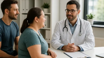 Médico em Brasília conversando com paciente sobre emagrecimento saudável, em consultório moderno e iluminado, com ambiente acolhedor e profissional.
